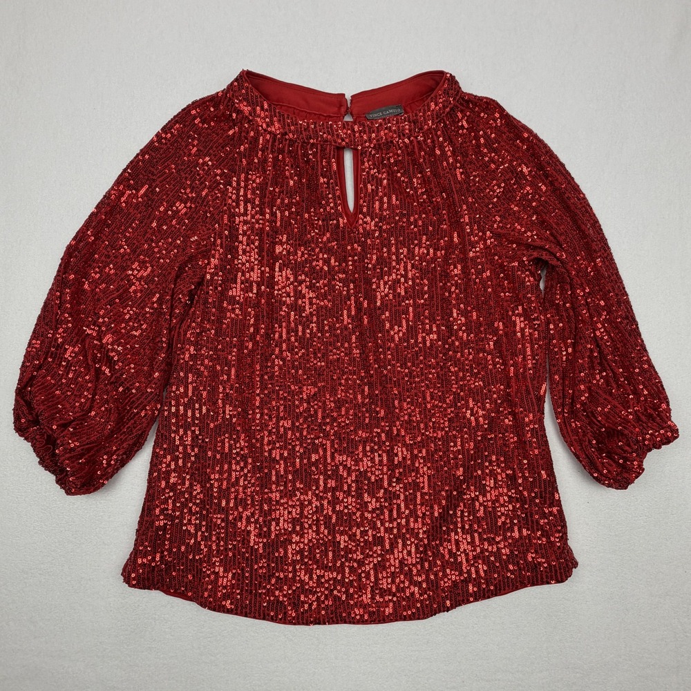 Vince Camuto Womens Red Sequin Keyhole Balloon Sleeve Blouse Top XS